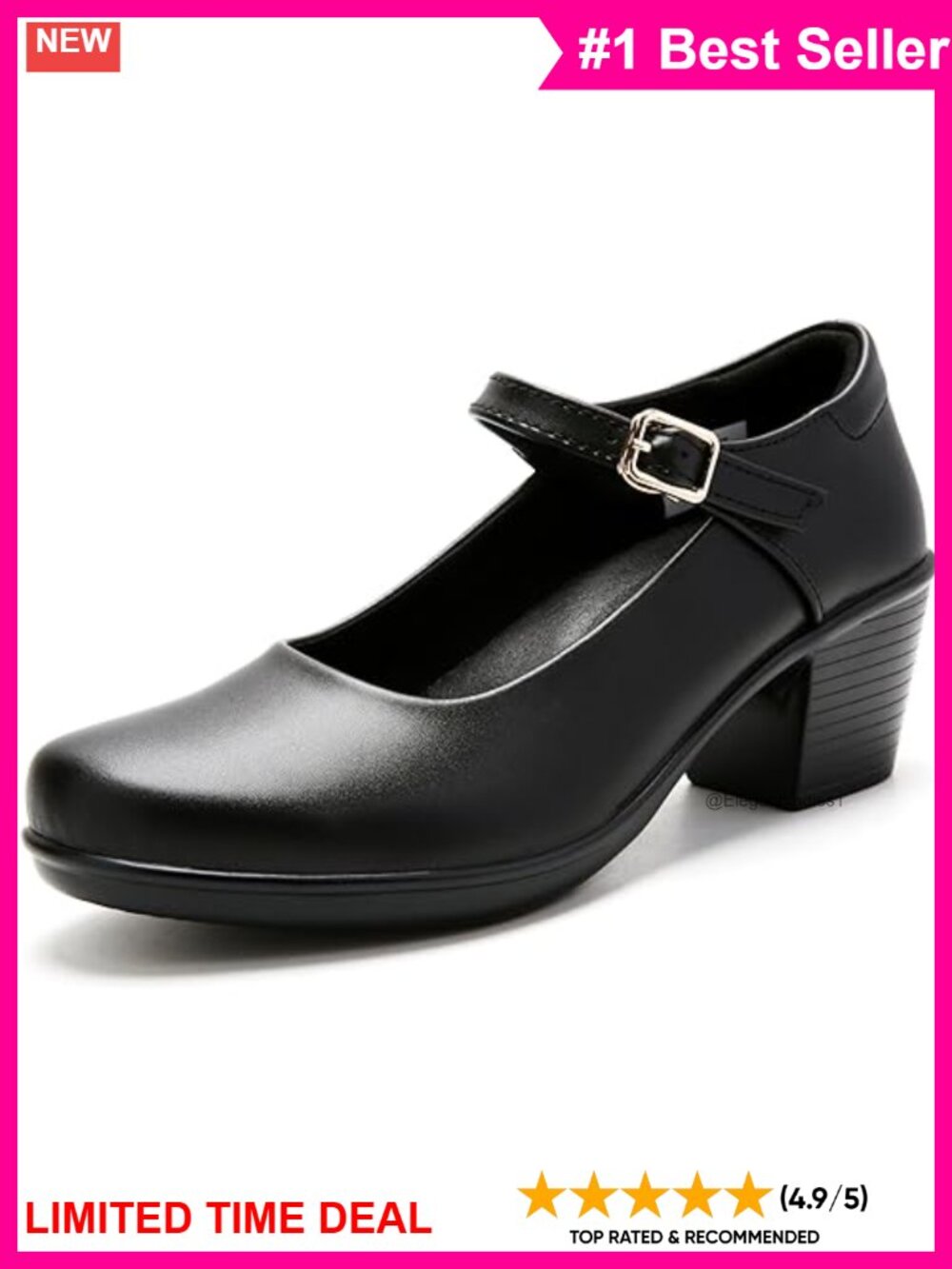 Mary Jane Chunky Low Block Heels Closed Toe Faux Leather Pumps for Office Work